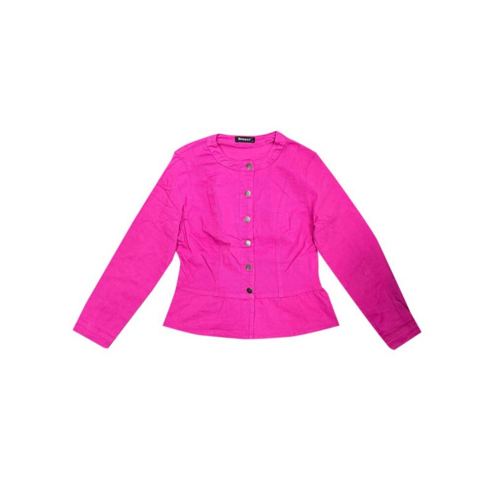Women's Collarless Peplum Denim Jacket Hot Pink
